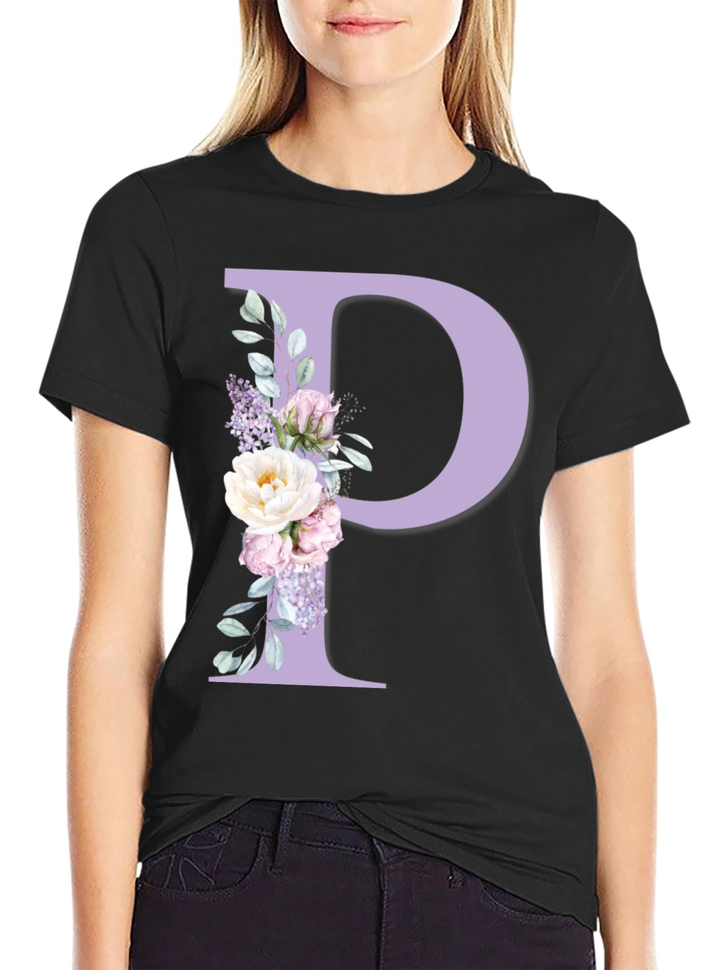 Floral Letter P Black T-Shirt