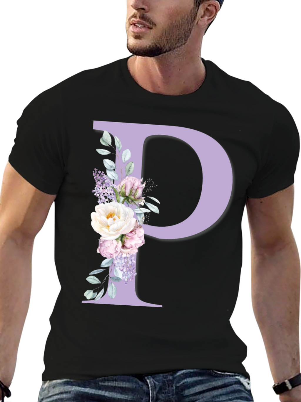Floral Letter P Black T-Shirt