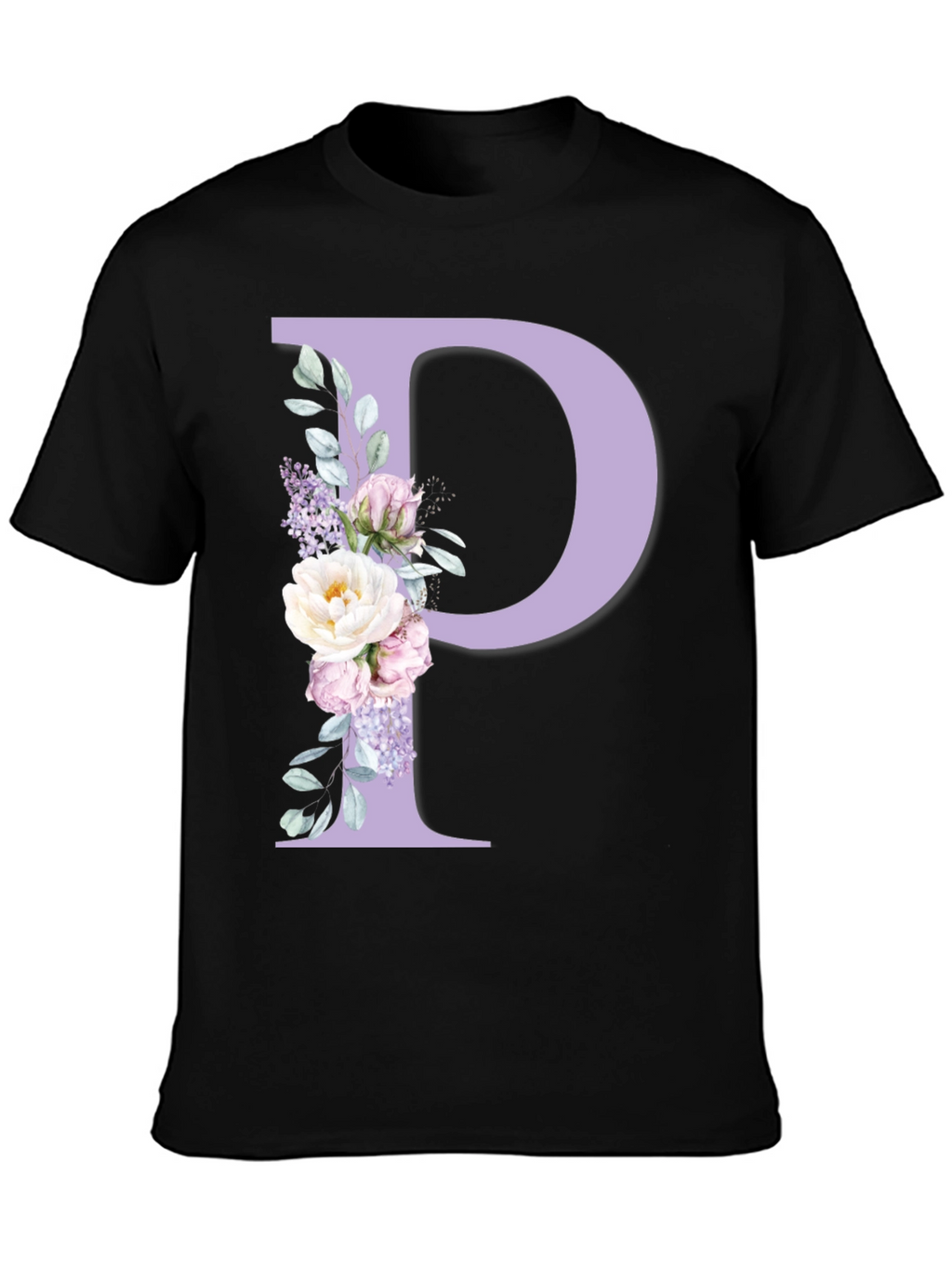 Floral Letter P Black T-Shirt