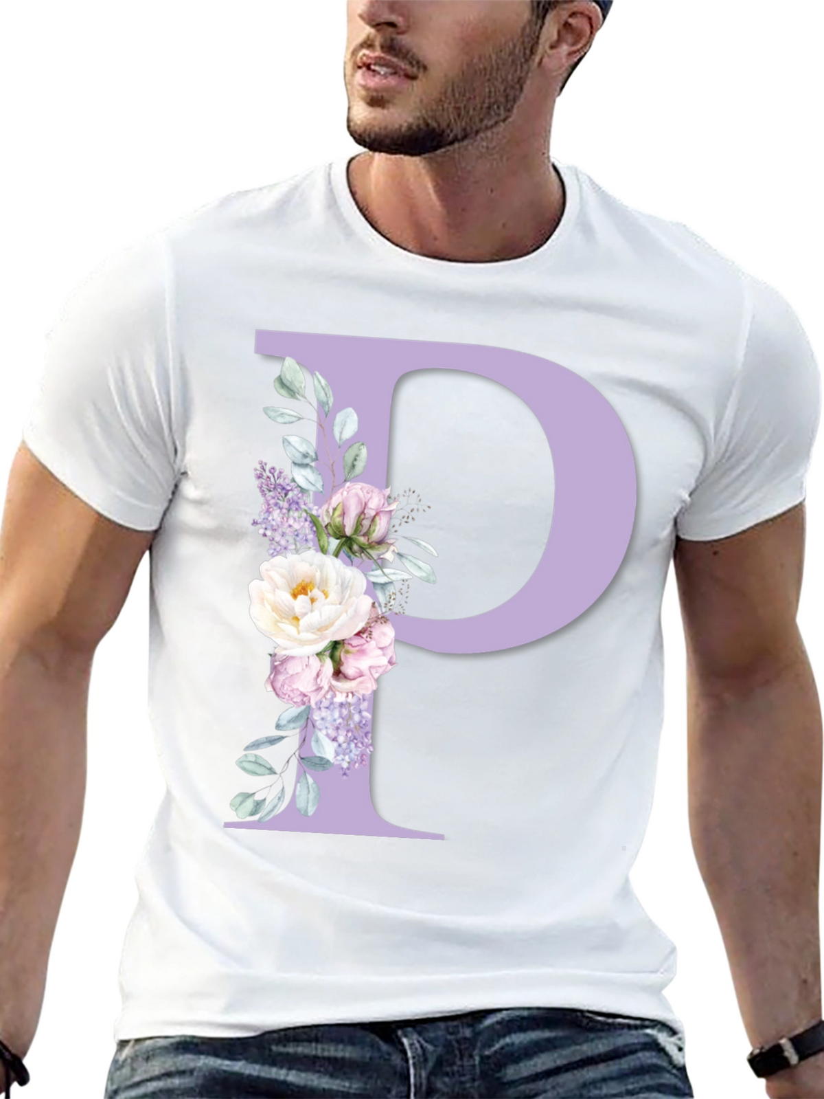 Floral Letter P Black T-Shirt