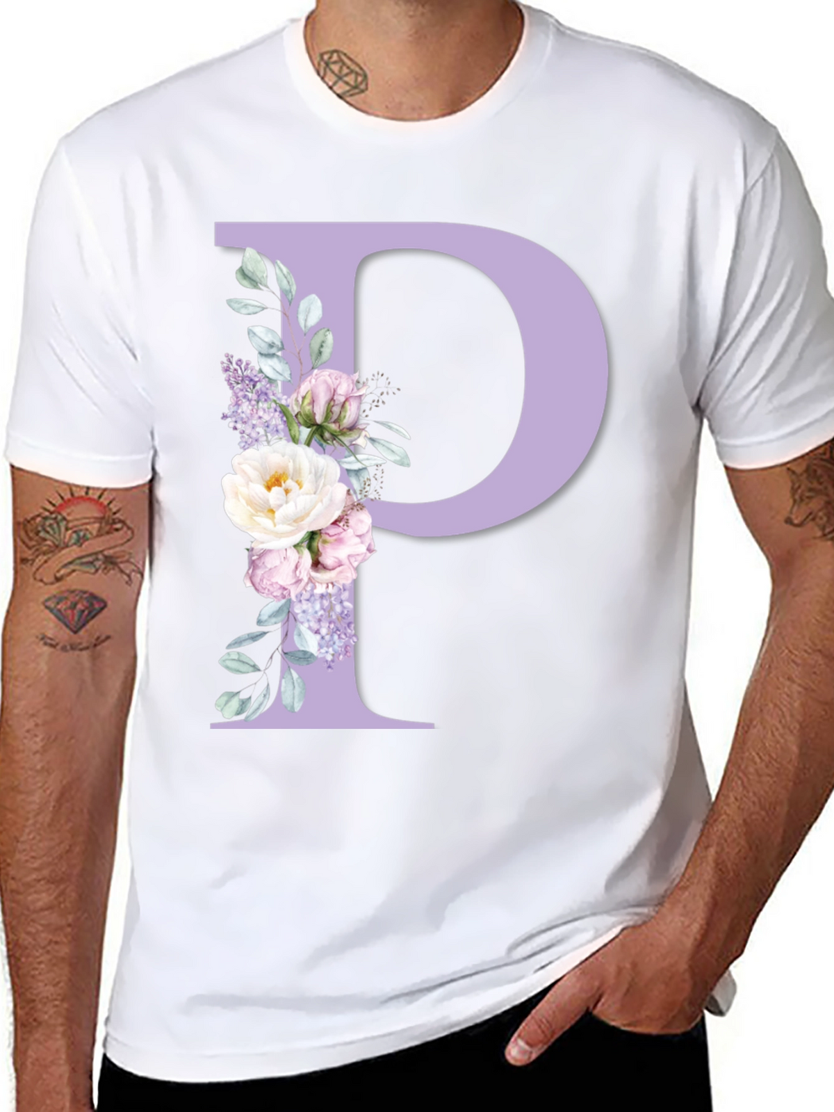 Floral Letter P Black T-Shirt