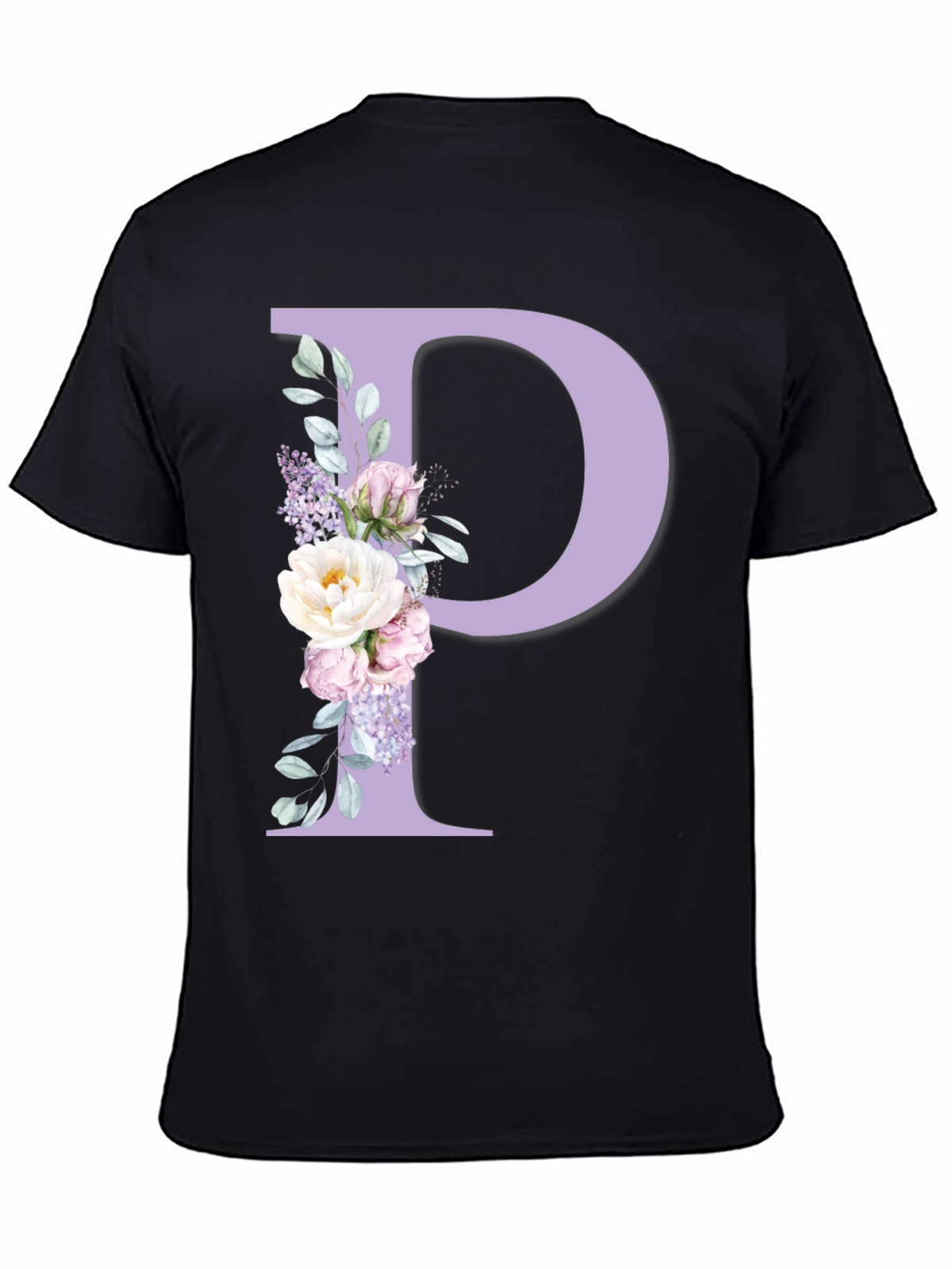 Floral Letter P Black T-Shirt