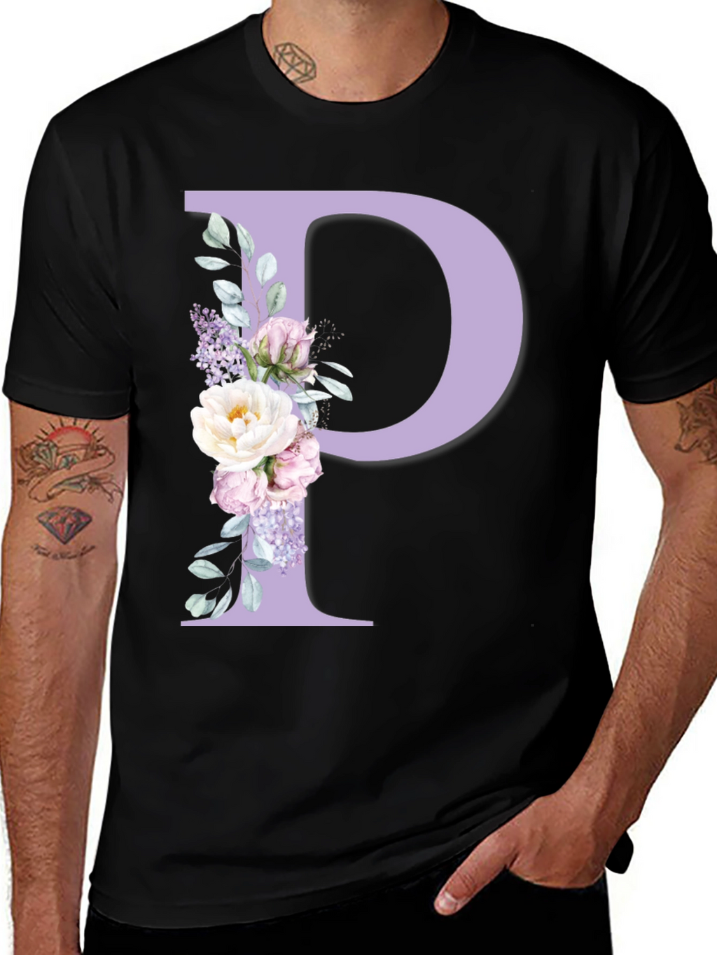 Floral Letter P Black T-Shirt
