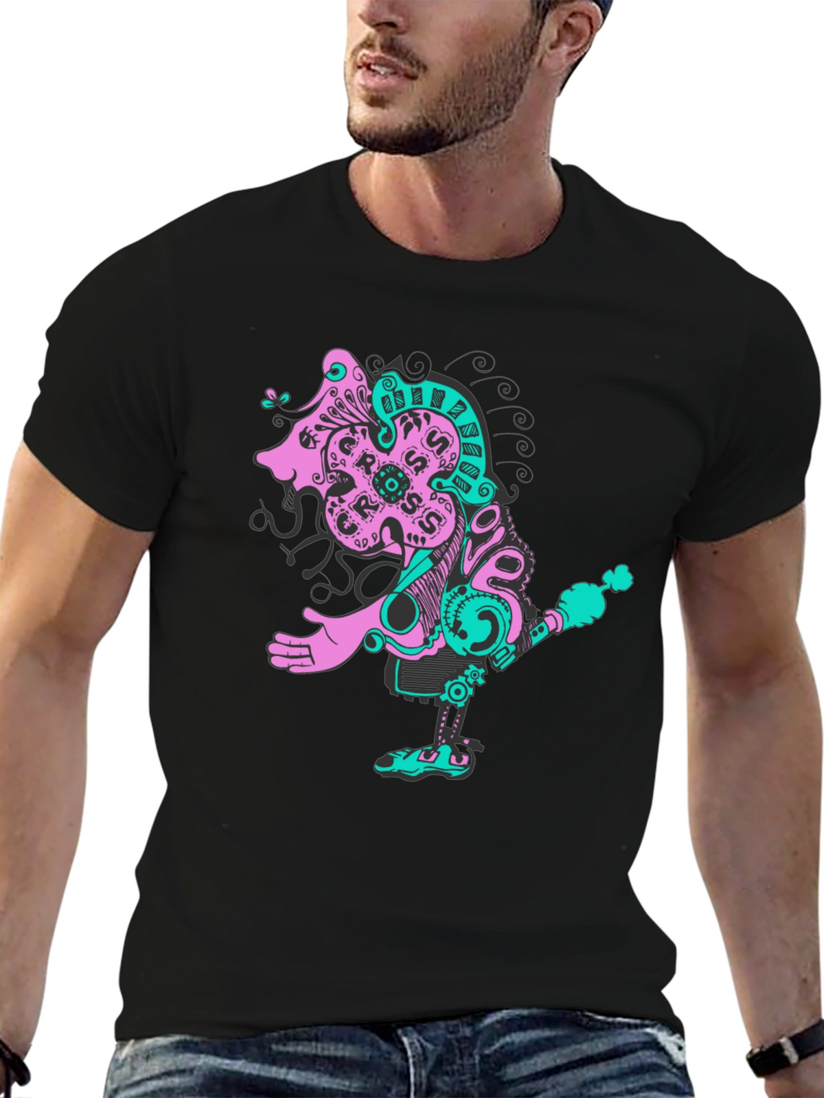 Abstract Robot Graphic Black T-Shirt