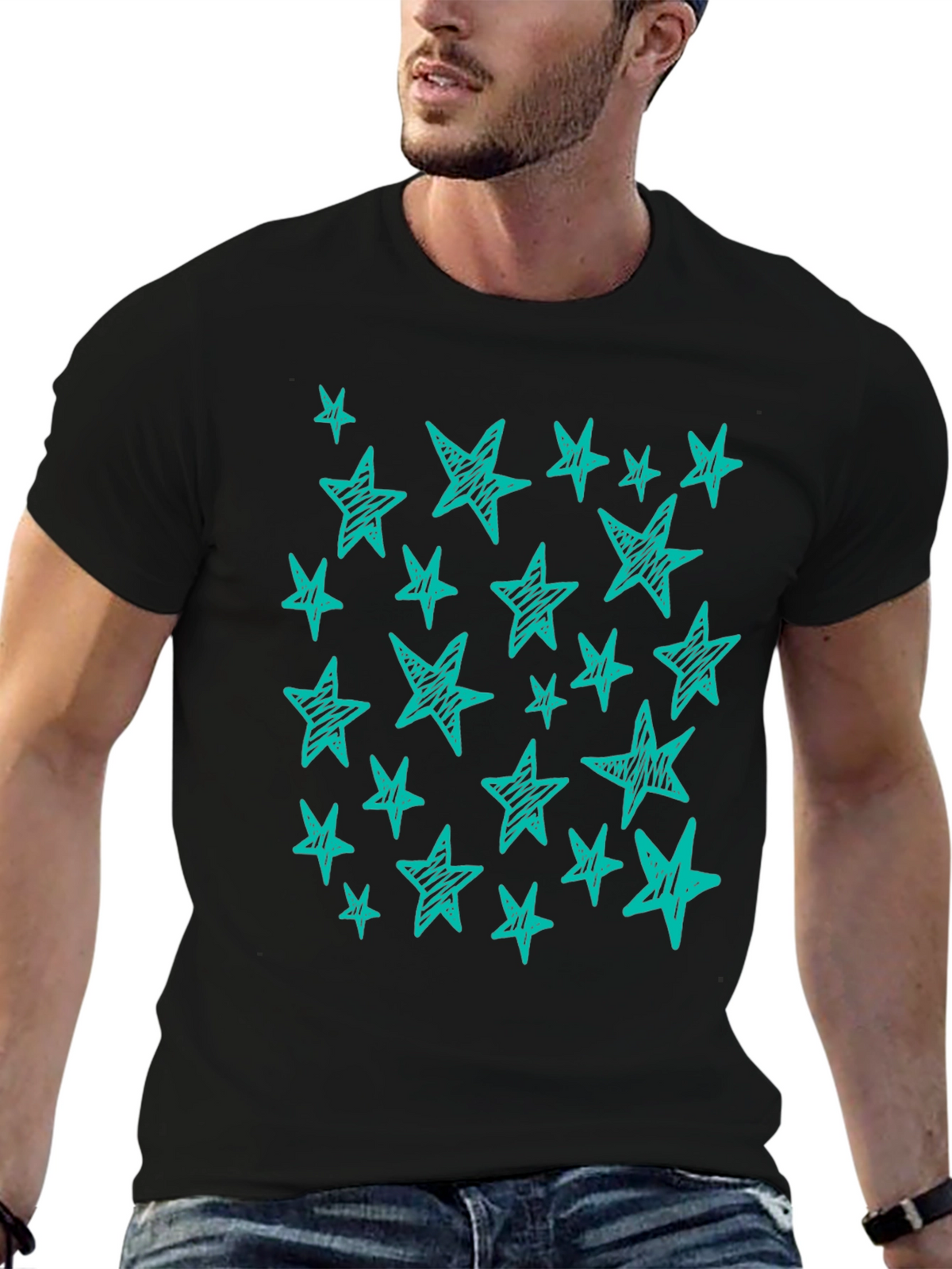 Starry Night Tee - Scribbled Star Design Black T-Shirt