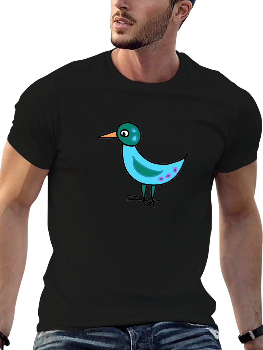 Whimsical Bird Graphic Tee - Black Casual Shirt
