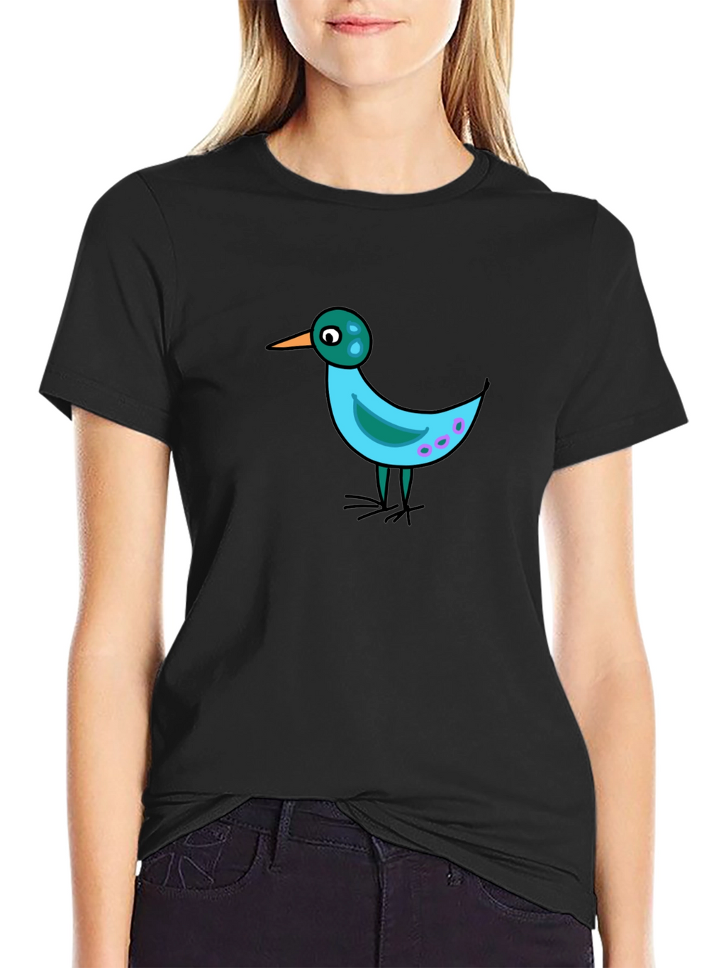 Whimsical Bird Graphic Tee - Black Casual Shirt