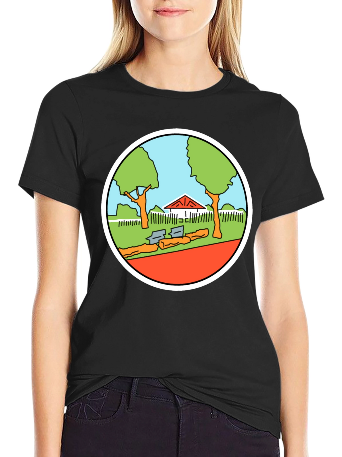 Cartoon Park Graphic Tee - Black Cotton T-Shirt