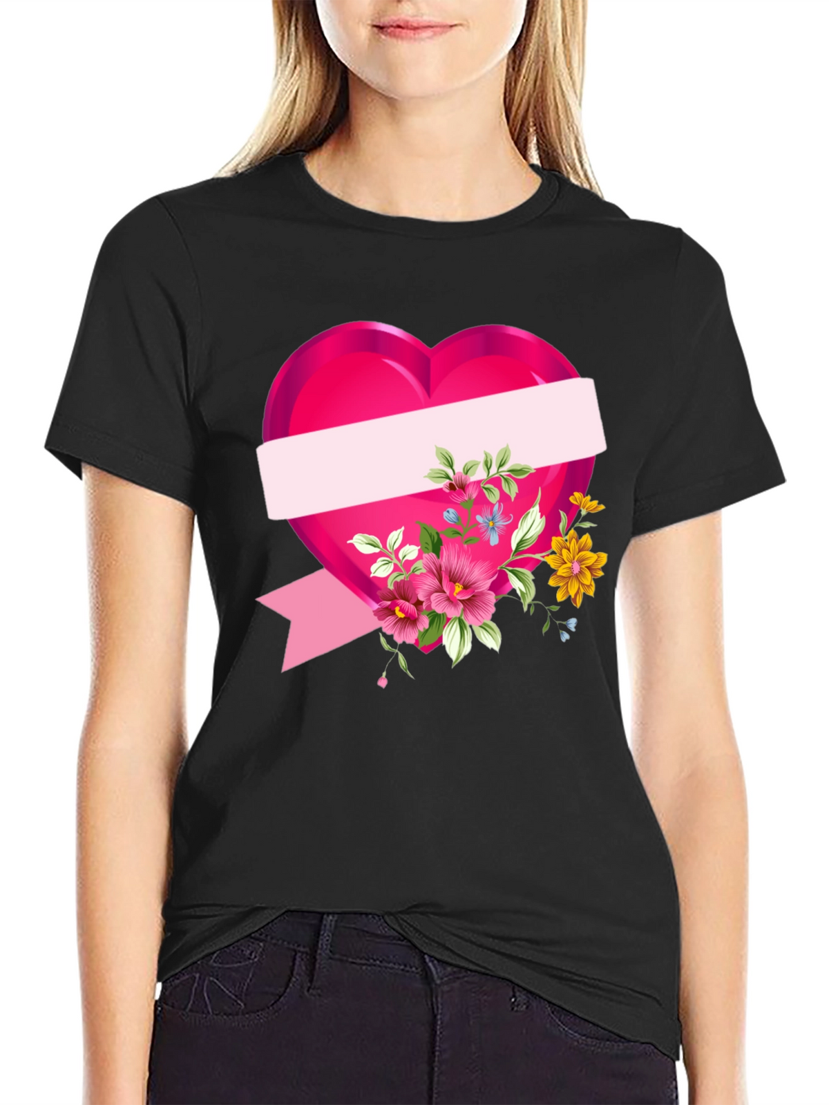 Floral Heart Graphic T-Shirt - Black