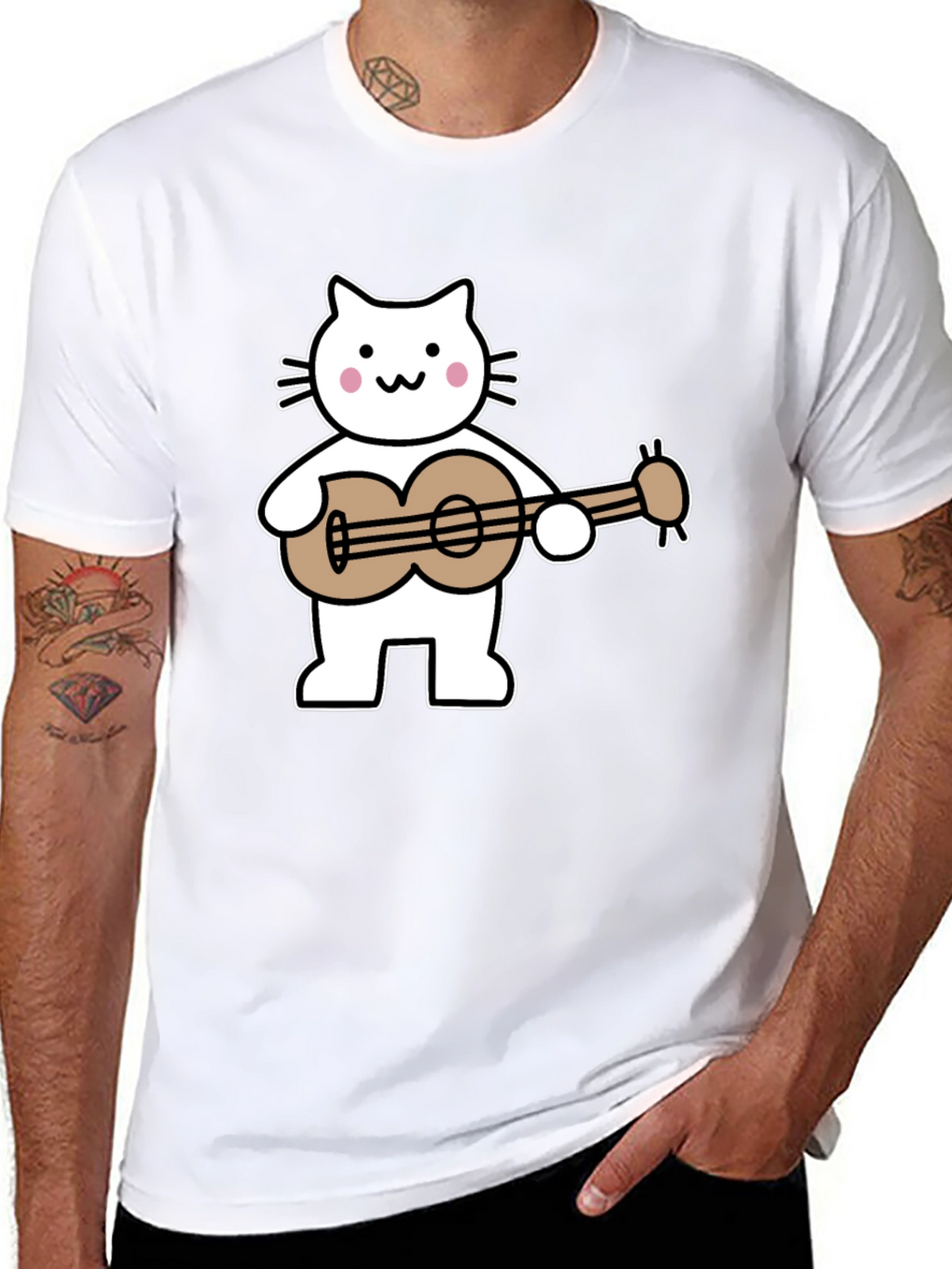 Cat Playing Ukulele Graphic Tee - Black
