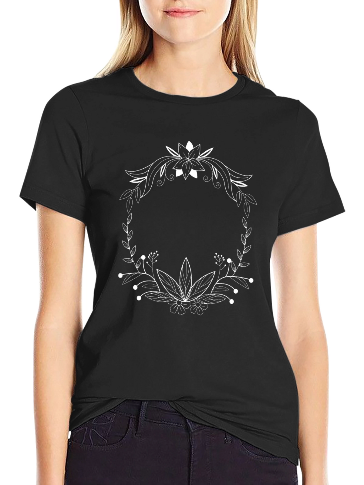 Floral Wreath Graphic Tee - Stylish Black T-Shirt