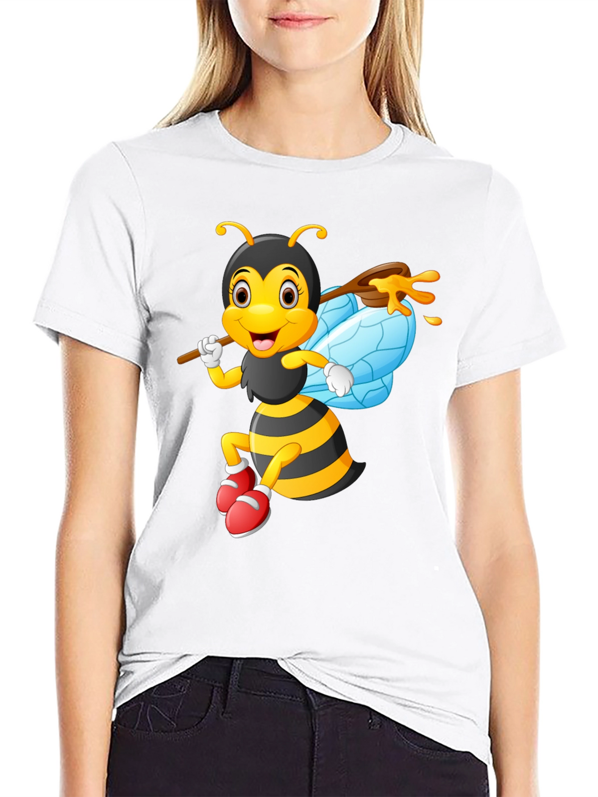 Cartoon Bee Graphic Tee - Black Cotton Blend