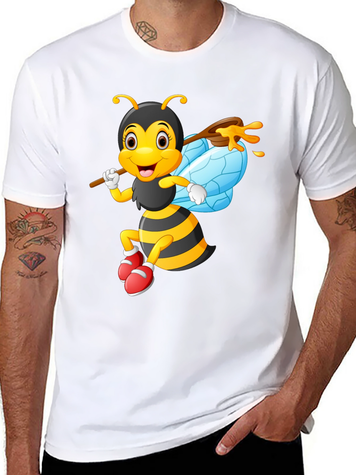 Cartoon Bee Graphic Tee - Black Cotton Blend