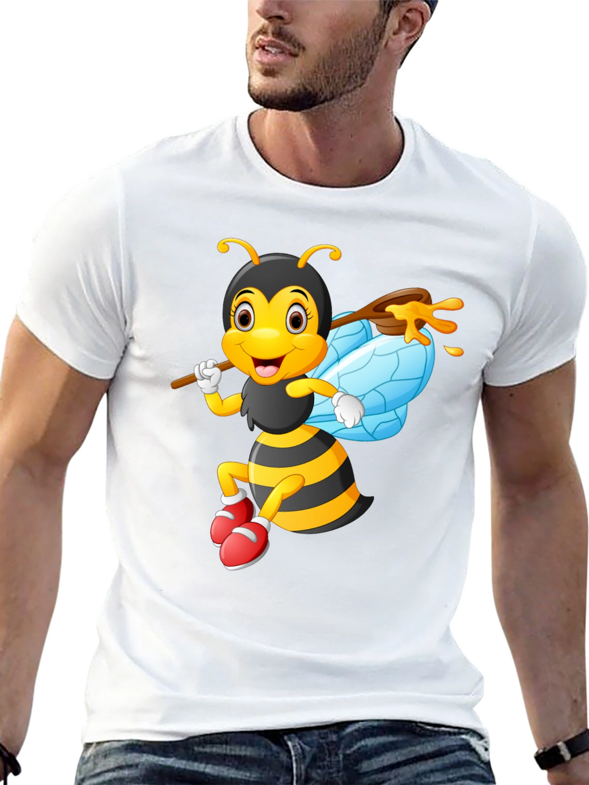 Cartoon Bee Graphic Tee - Black Cotton Blend