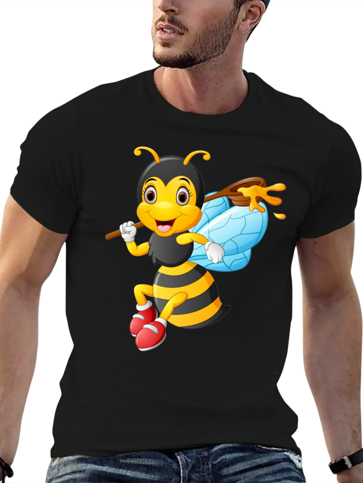Cartoon Bee Graphic Tee - Black Cotton Blend