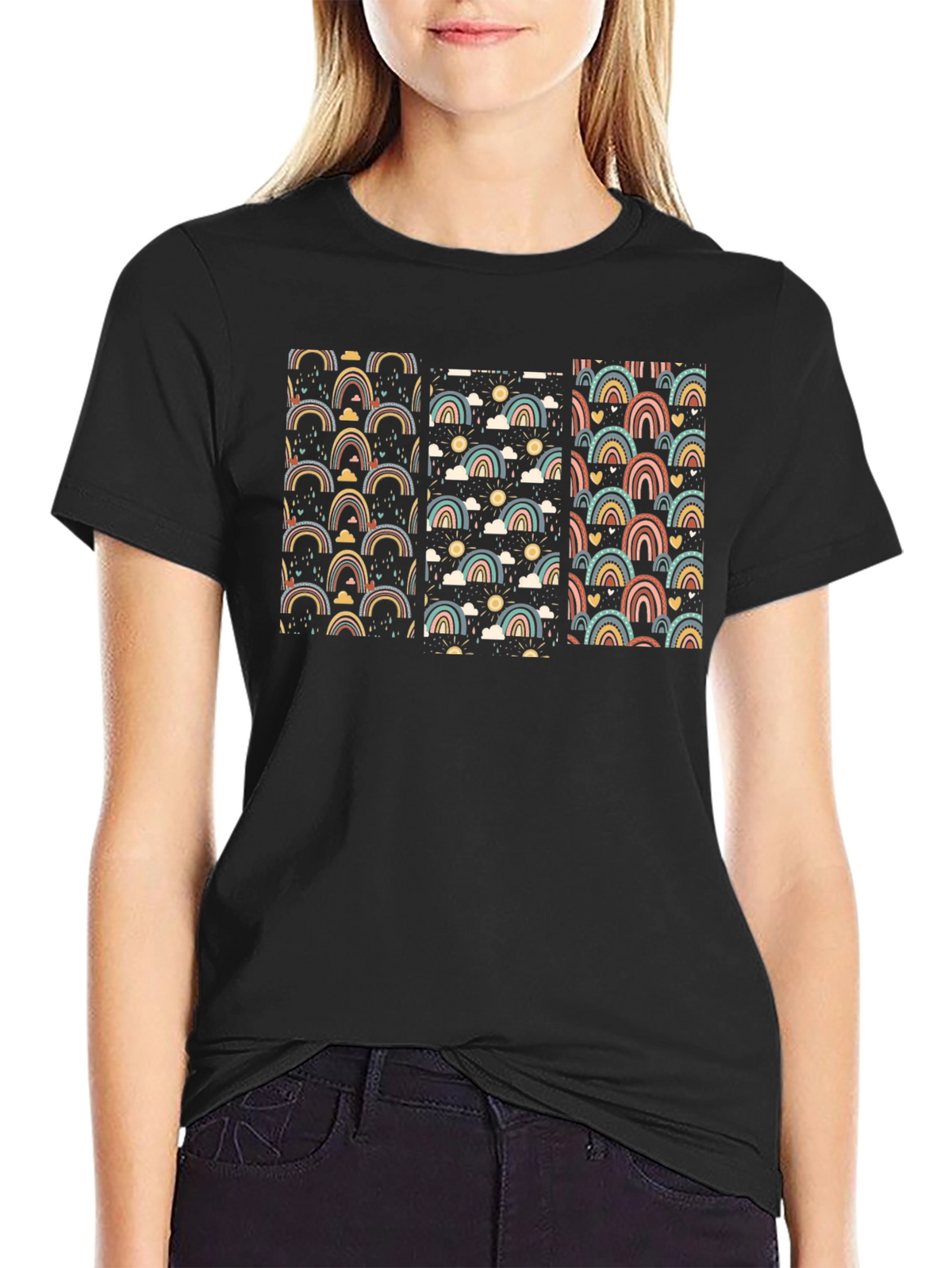 Retro Rainbow Pattern Black T-Shirt