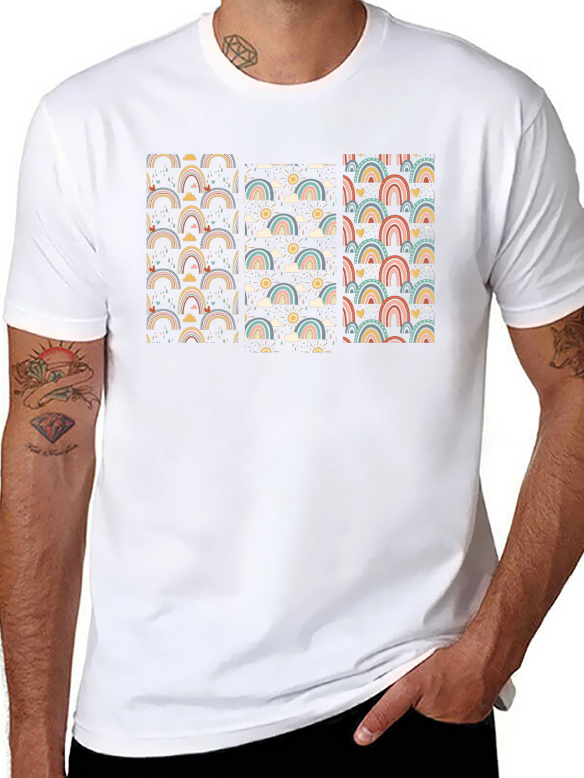 Retro Rainbow Pattern Black T-Shirt