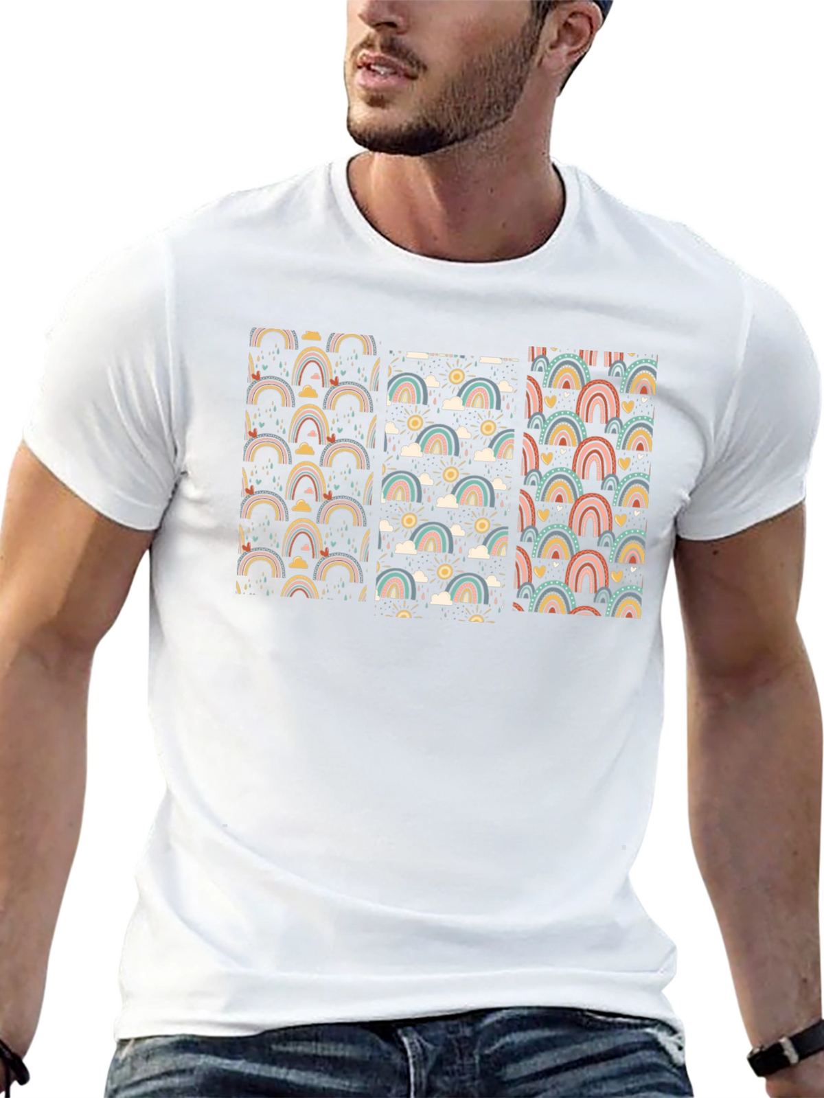 Retro Rainbow Pattern Black T-Shirt