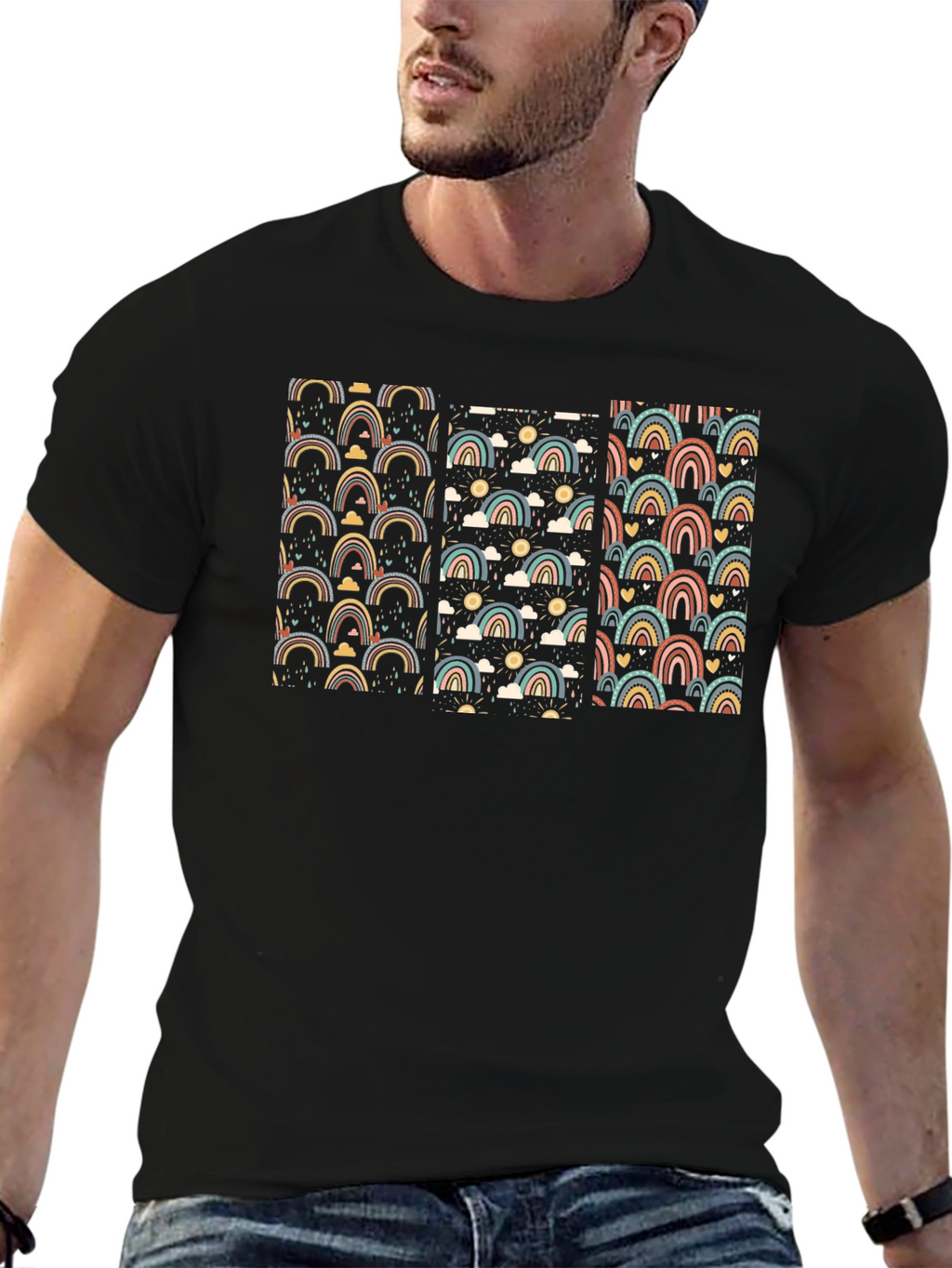 Retro Rainbow Pattern Black T-Shirt