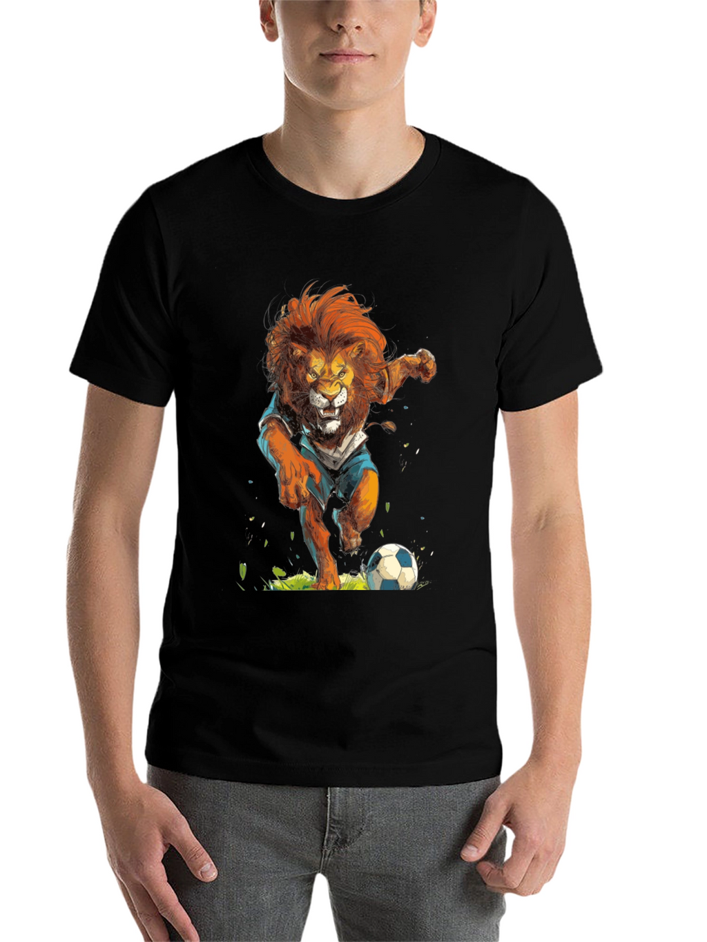 Lion Soccer T-Shirt - Black Graphic Tee
