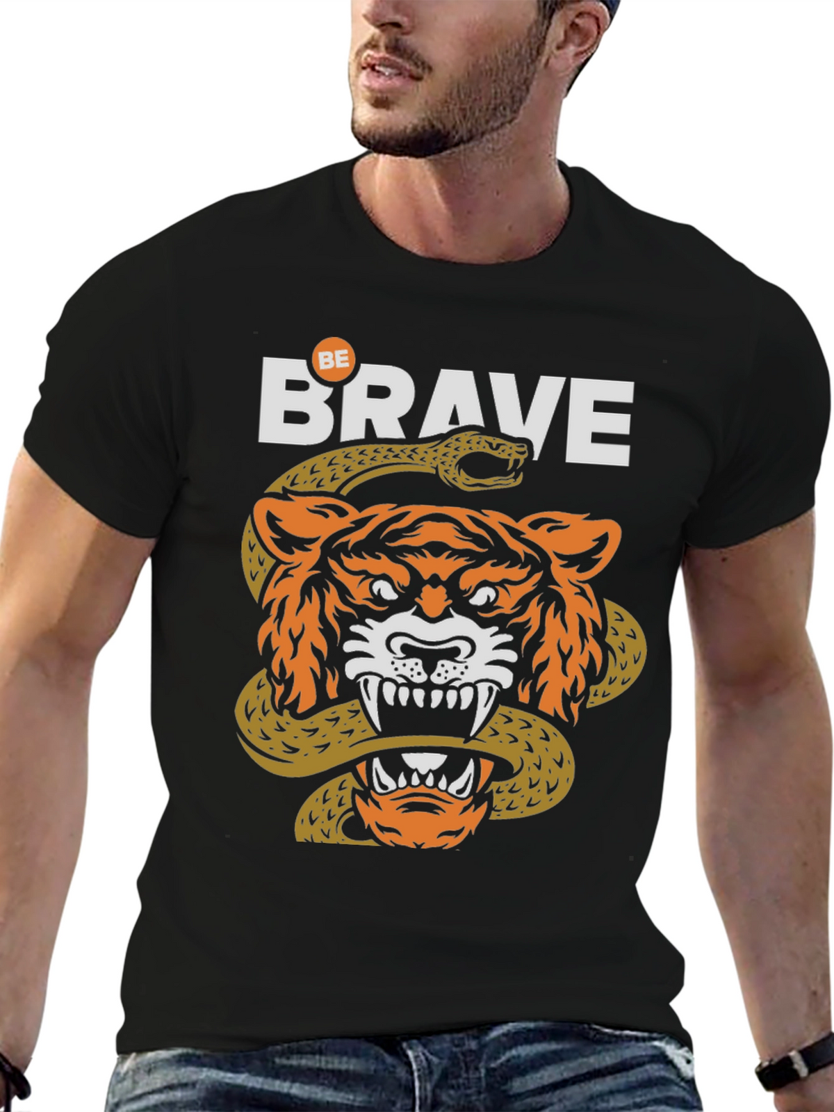 Be Brave Tiger & Snake Graphic Black T-Shirt