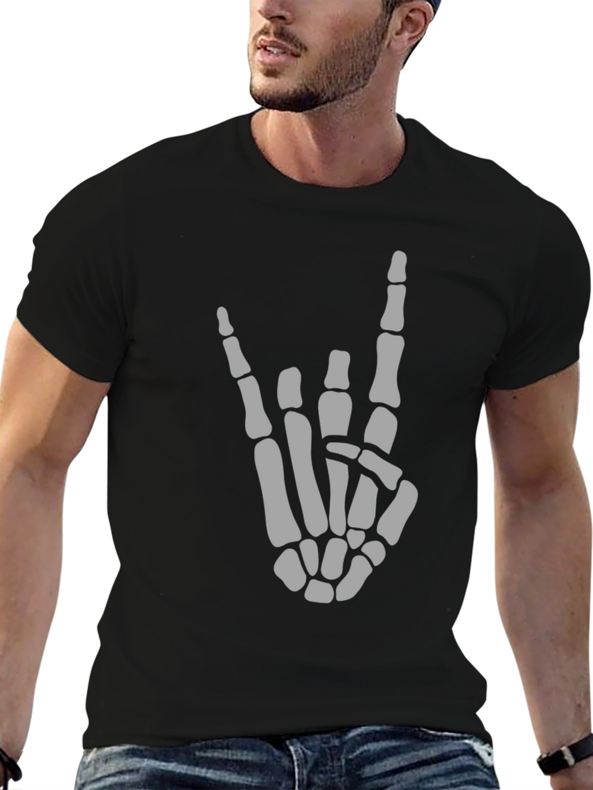 Skeleton Hand Rock On Black T-Shirt