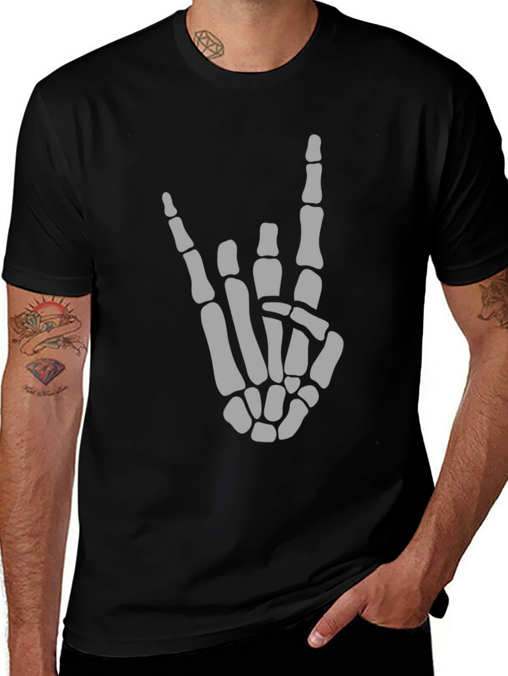 Skeleton Hand Rock On Black T-Shirt