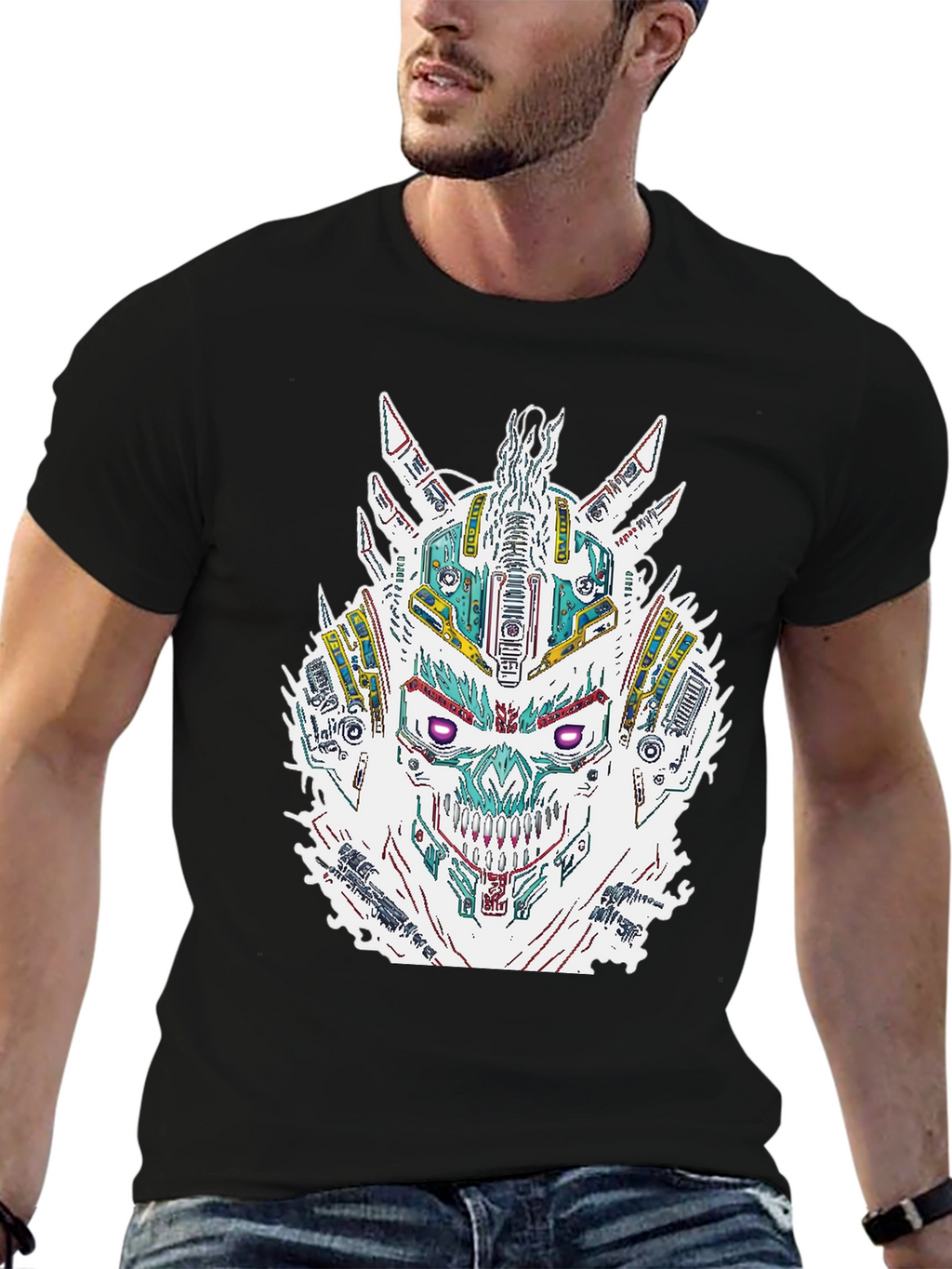 Cyberpunk Skull Graphic Print Black T-Shirt