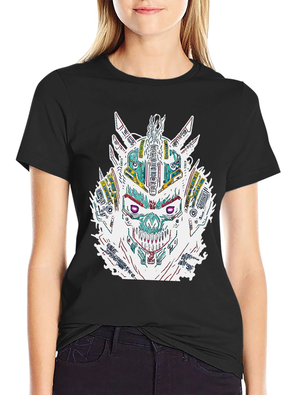 Cyberpunk Skull Graphic Print Black T-Shirt
