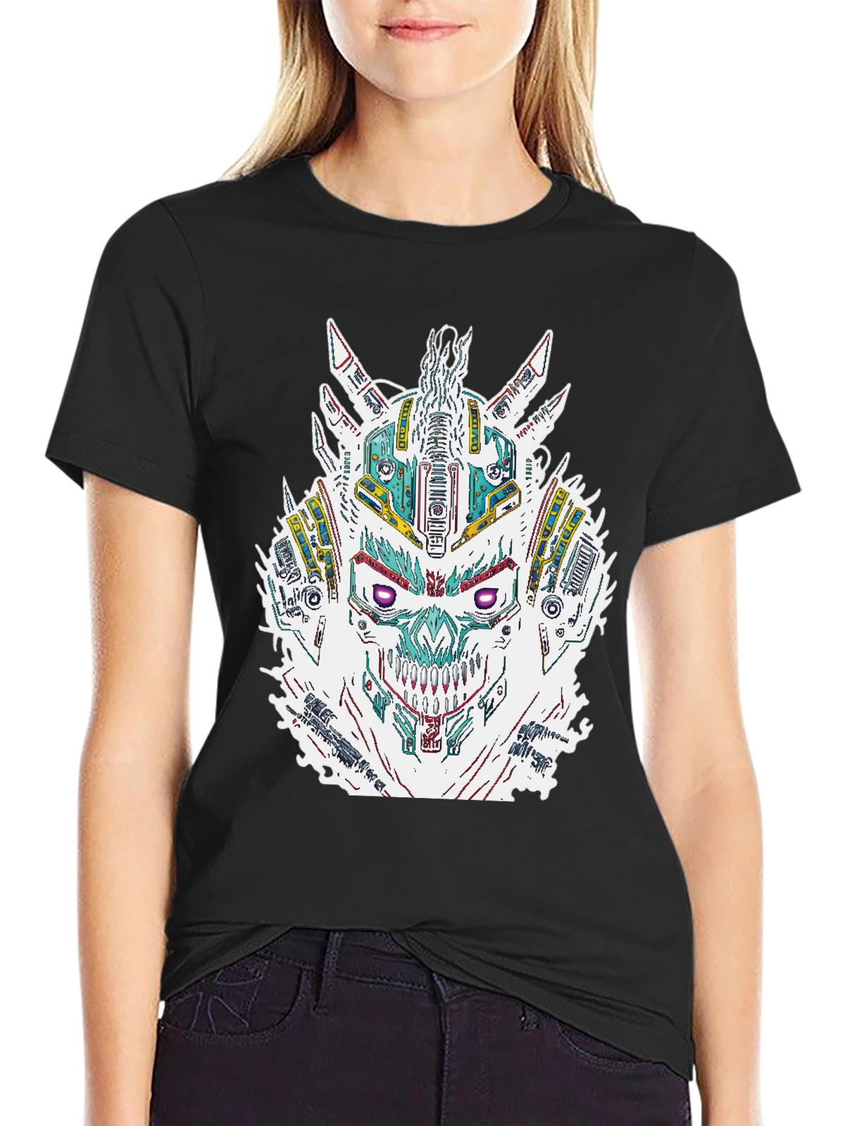 Cyberpunk Skull Graphic Print Black T-Shirt