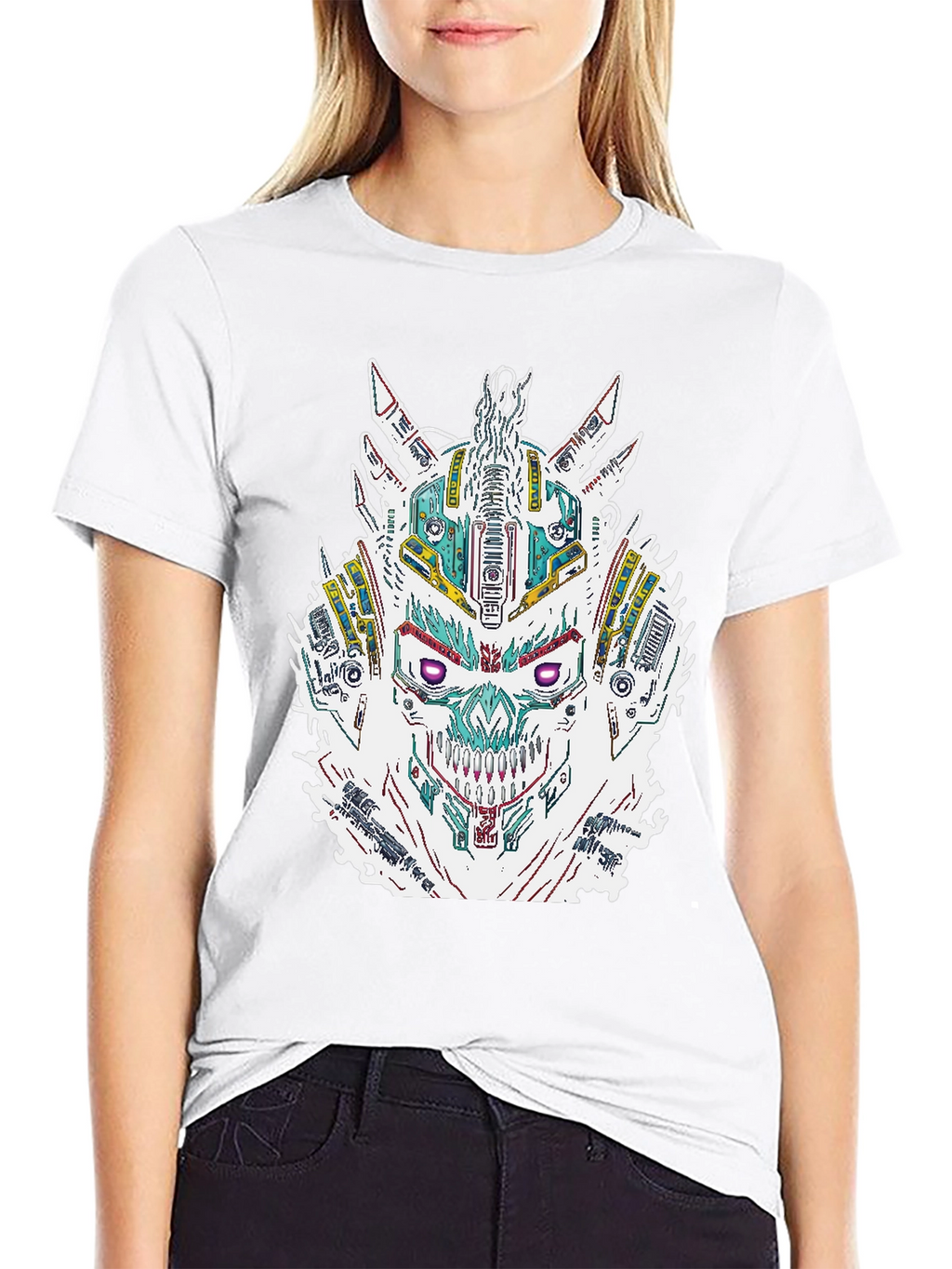 Cyberpunk Skull Graphic Print Black T-Shirt