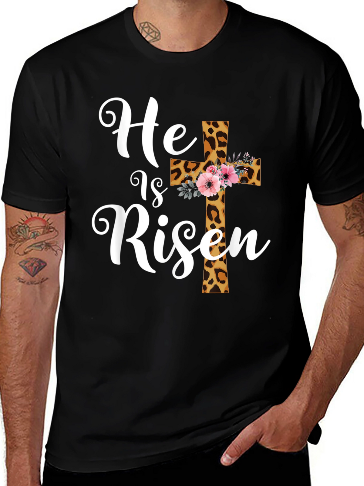 He is Risen Easter T-Shirt Leopard Print Cross