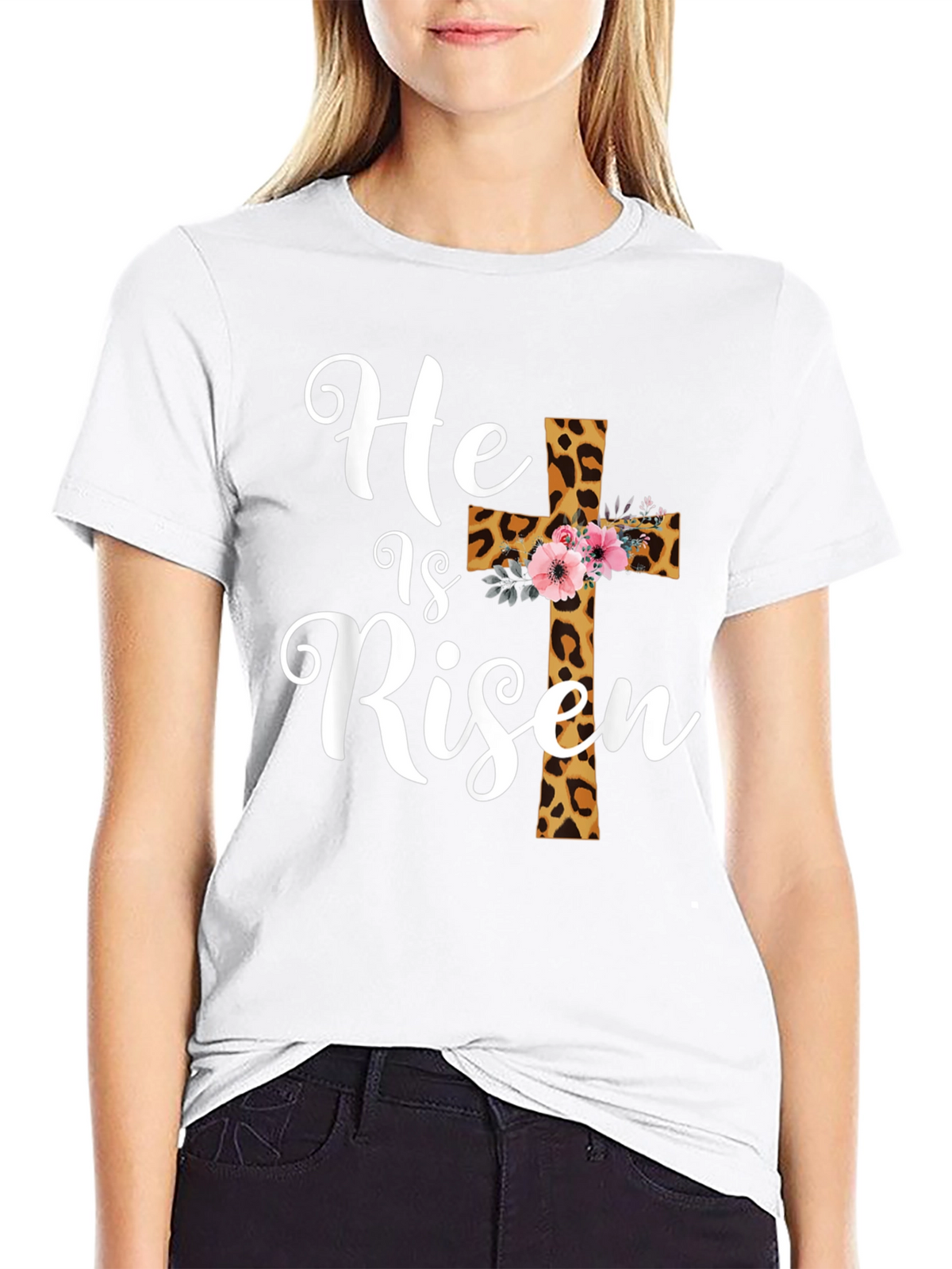 He is Risen Easter T-Shirt Leopard Print Cross