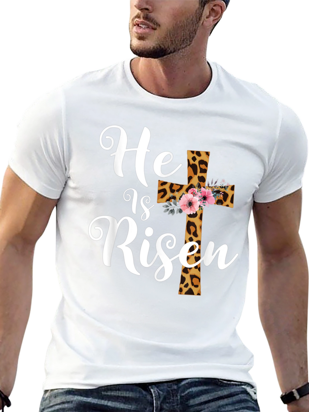 He is Risen Easter T-Shirt Leopard Print Cross