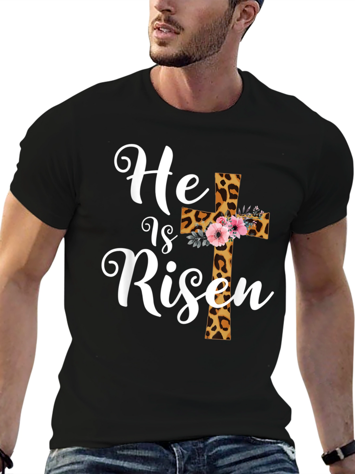 He is Risen Easter T-Shirt Leopard Print Cross