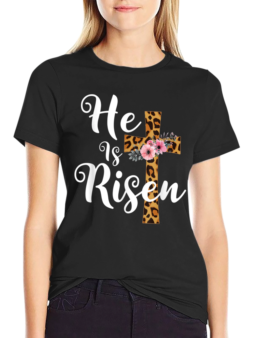 He is Risen Easter T-Shirt Leopard Print Cross