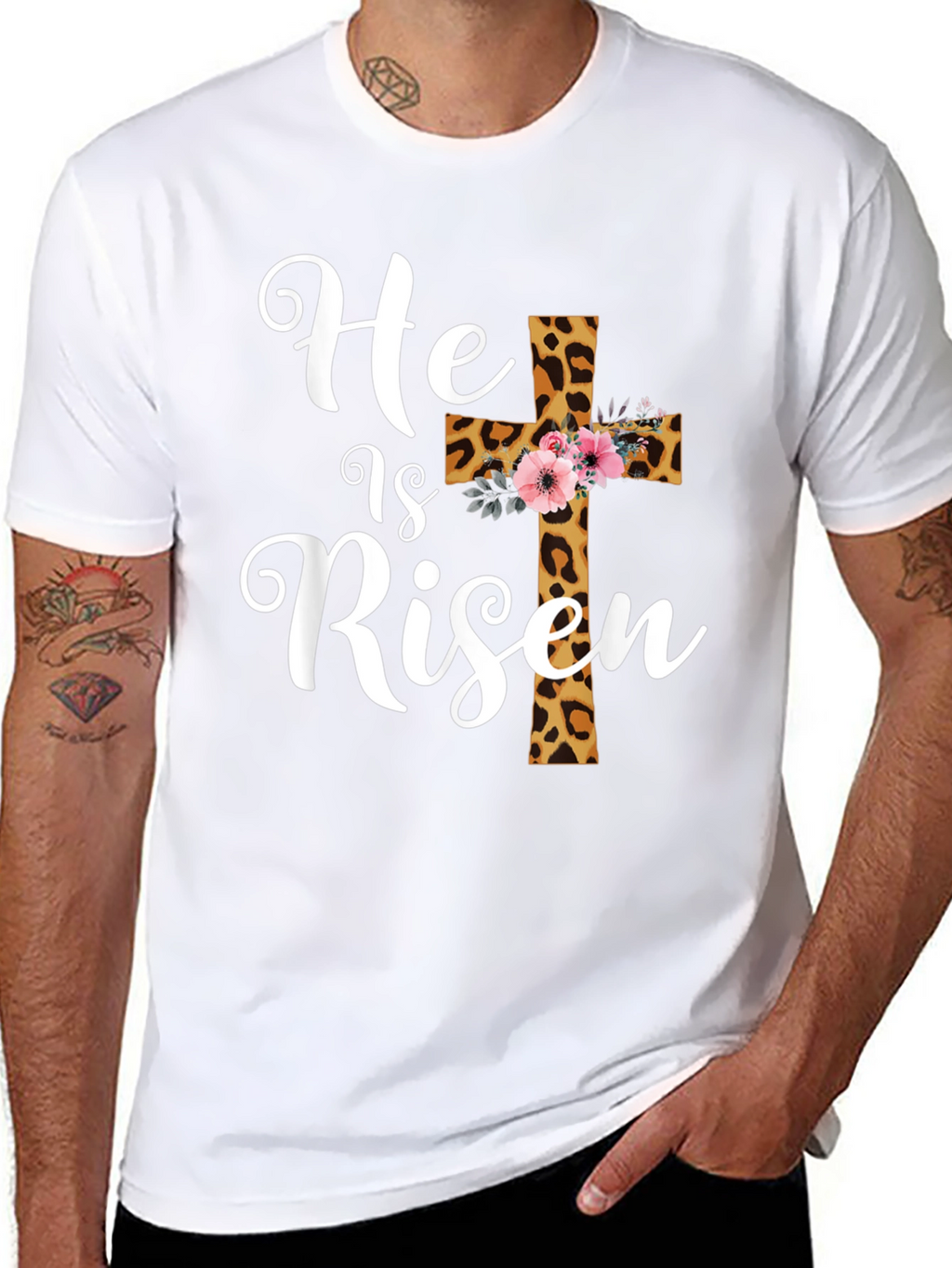 He is Risen Easter T-Shirt Leopard Print Cross