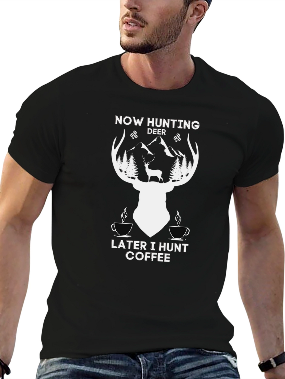 Hunting Deer Coffee Graphic T-Shirt - Black