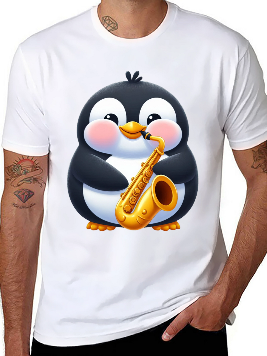 Penguin Saxophone Black T-Shirt - Cartoon Music Tee