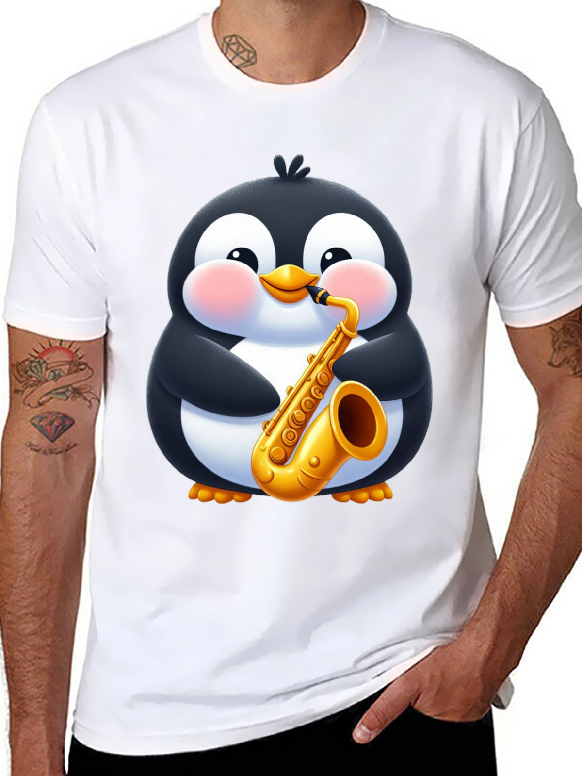 Penguin Saxophone Black T-Shirt - Cartoon Music Tee