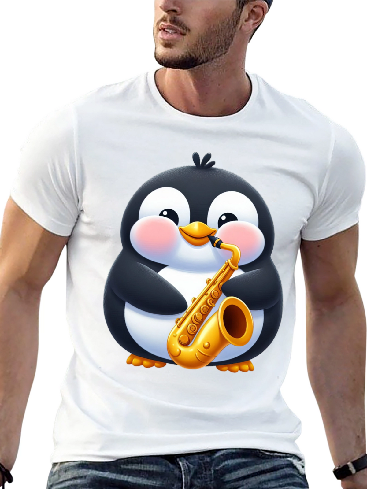 Penguin Saxophone Black T-Shirt - Cartoon Music Tee
