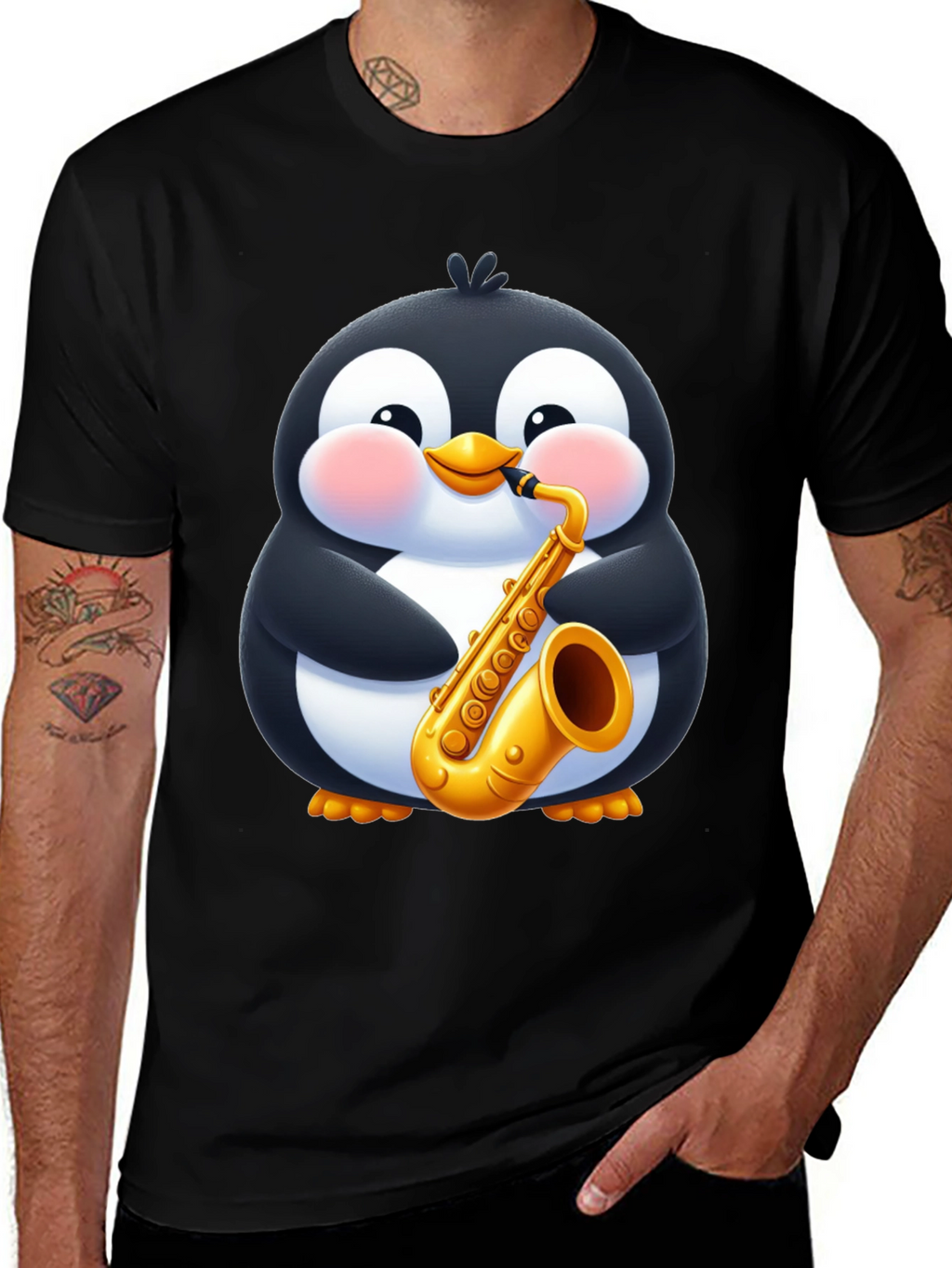 Penguin Saxophone Black T-Shirt - Cartoon Music Tee