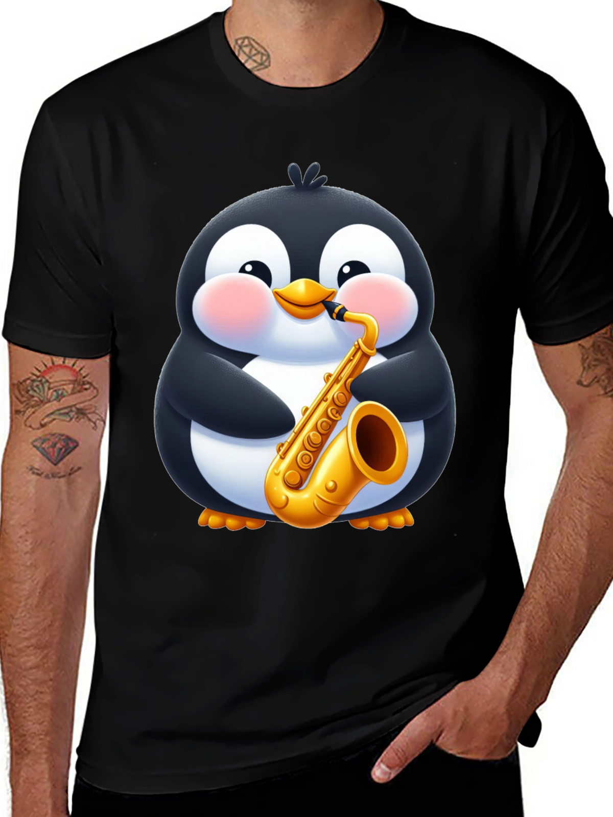 Penguin Saxophone Black T-Shirt - Cartoon Music Tee