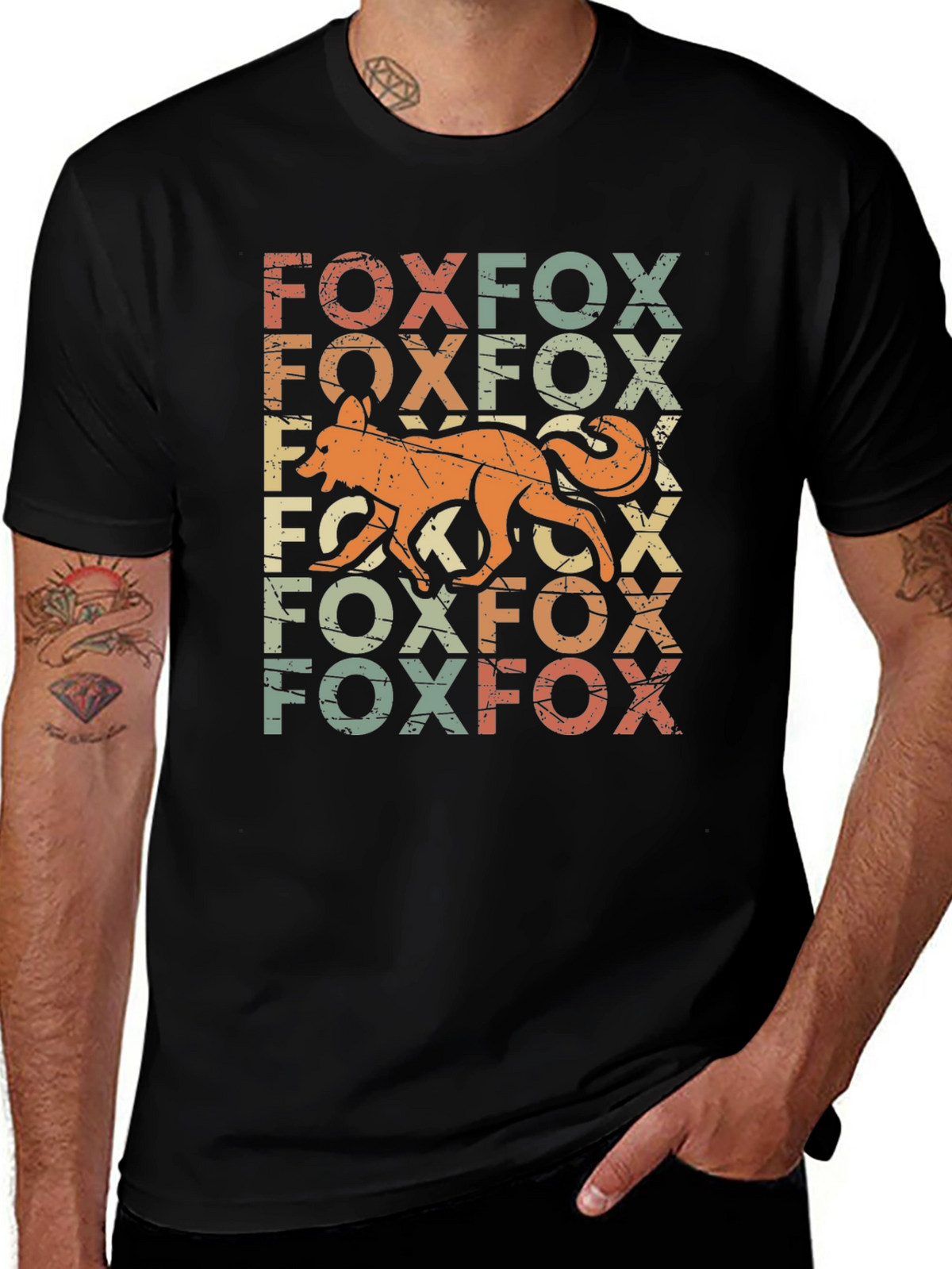 Retro Fox Graphic Print Black T-Shirt