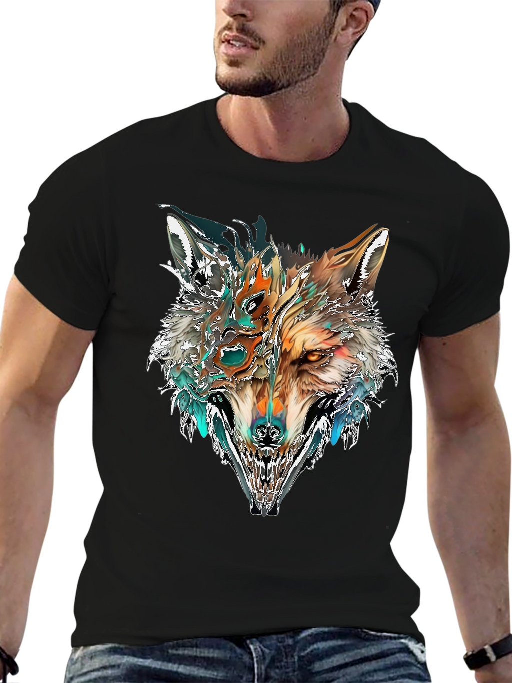 Abstract Wolf Graphic T-Shirt - Black