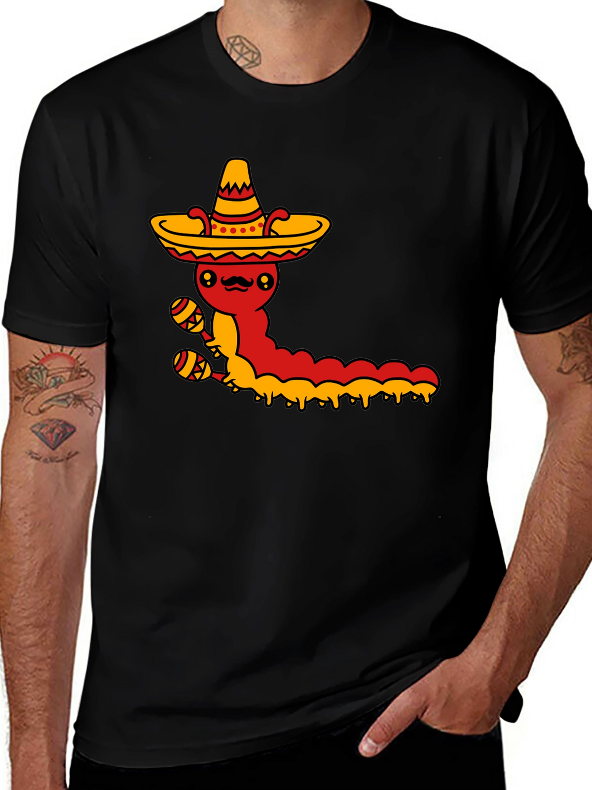 Mexican Fiesta T-Shirt - Caterpillar with Sombrero & Maracas
