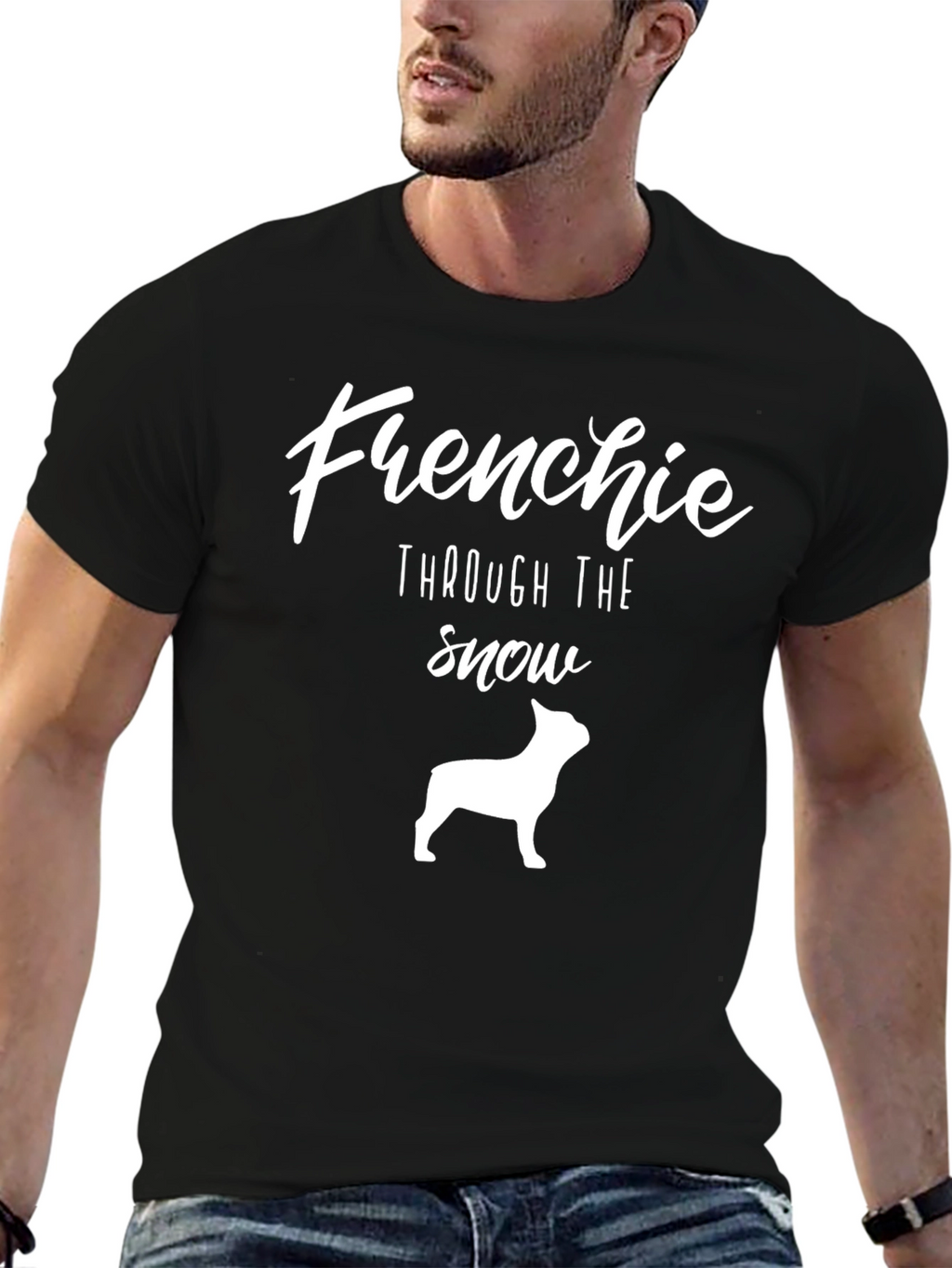 Frenchie Through the Snow Black T-Shirt