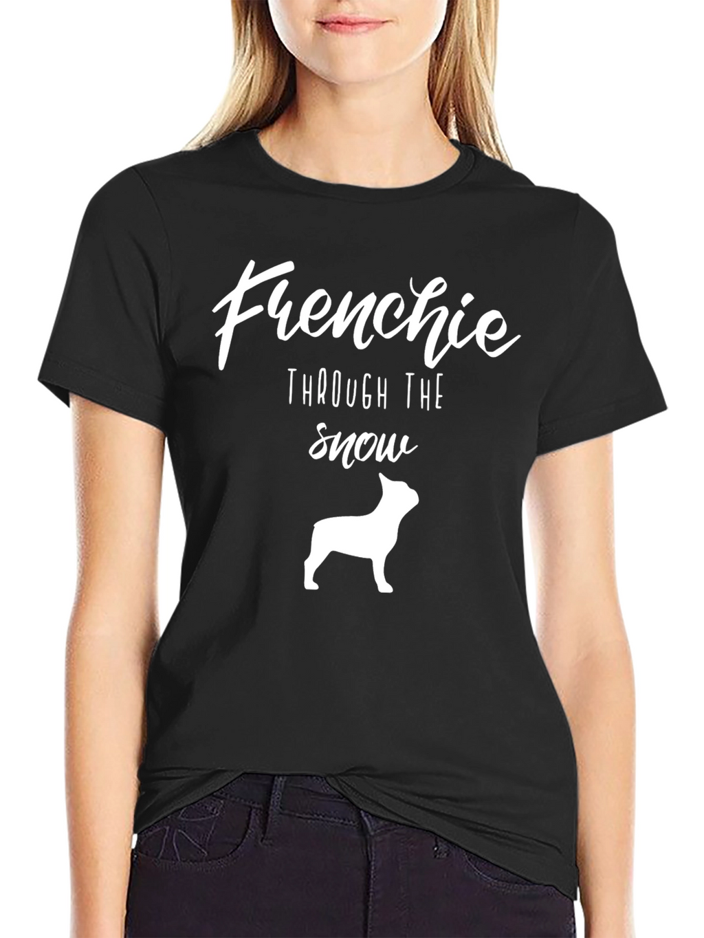 Frenchie Through the Snow Black T-Shirt