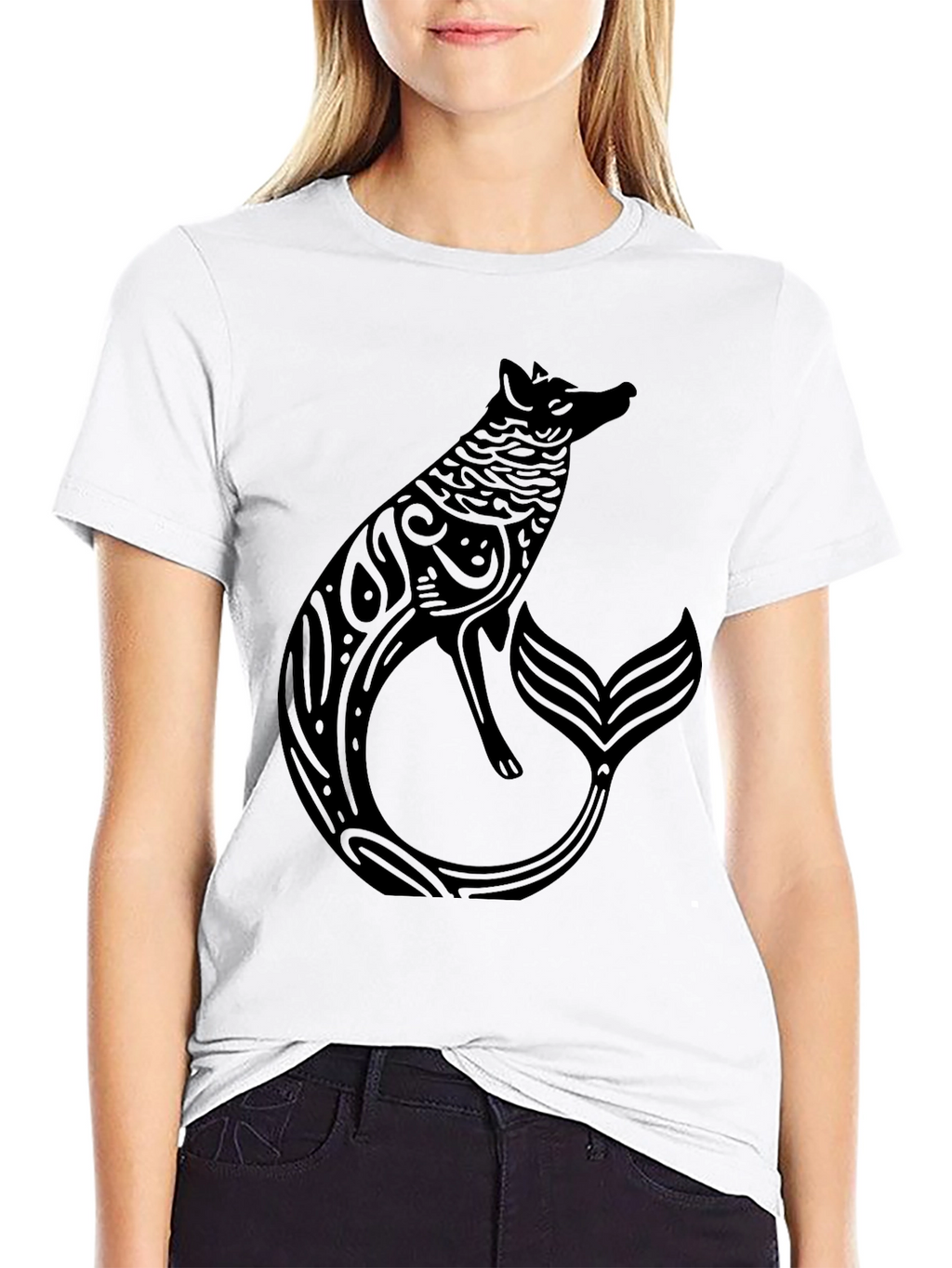 Mystical Fox Mermaid Mens Black T-Shirt