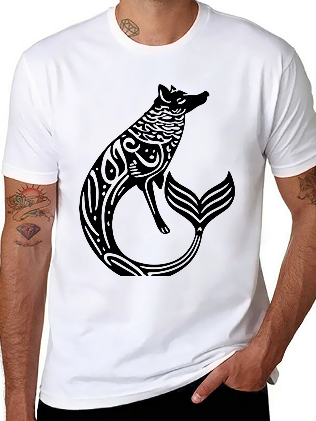 Mystical Fox Mermaid Mens Black T-Shirt